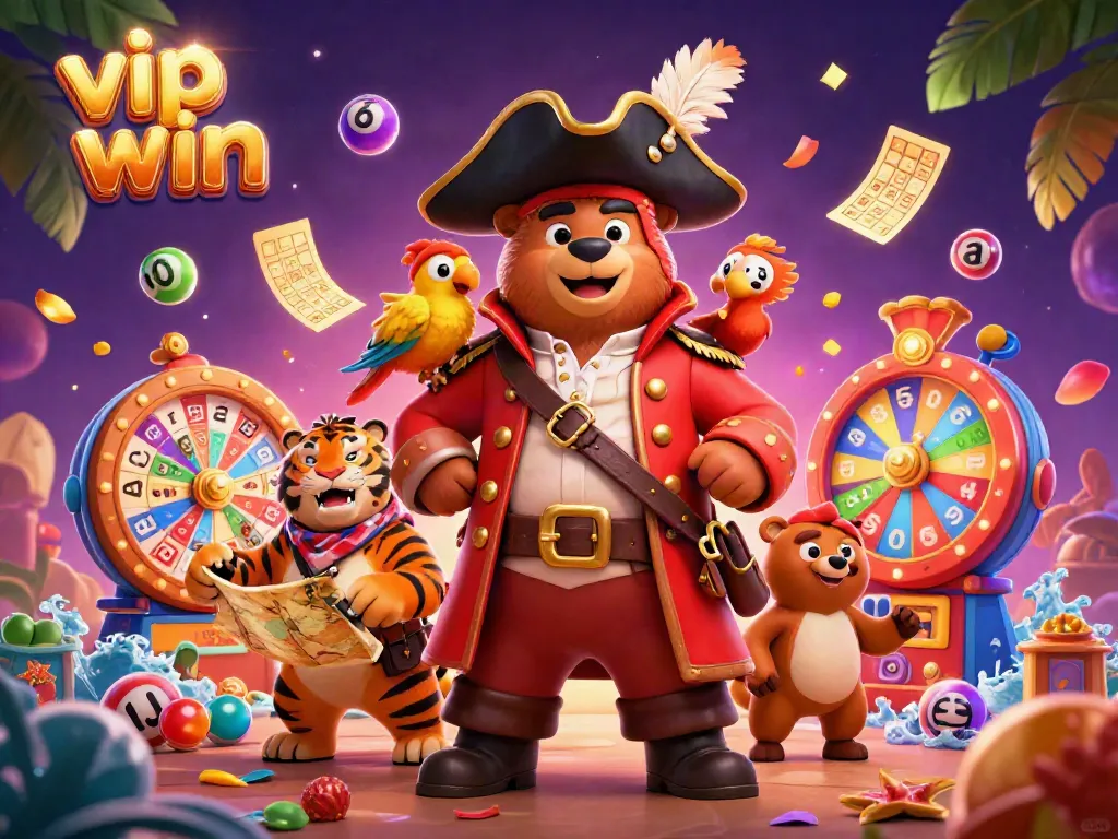 Experience thrilling wins at vip win with a vibrant 3D casino scene featuring colorful characters and lottery elements.