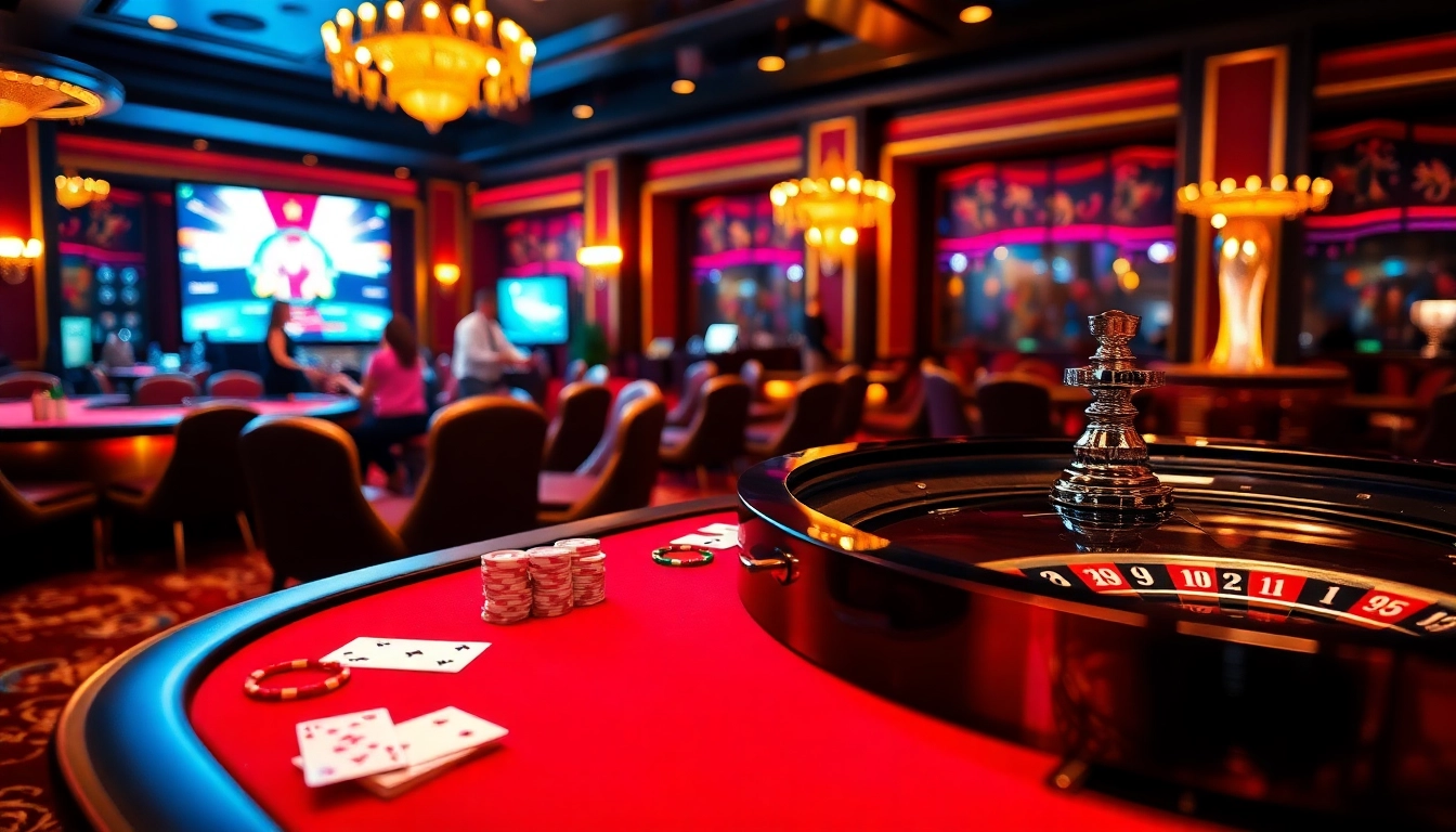 Experience thrilling gambling action at https://mm88.vegas/, showcasing a vibrant casino scene with live dealers and active players.