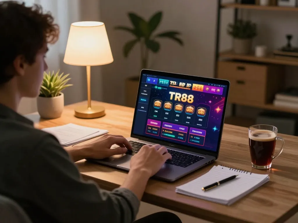 Engaging in online gaming at TR88, showcasing gaming excitement and strategies in a cozy home office.