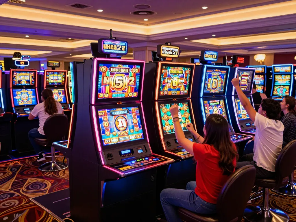 Igamble247 Slot machines lighting up with players celebrating their big wins in a vibrant casino setting.
