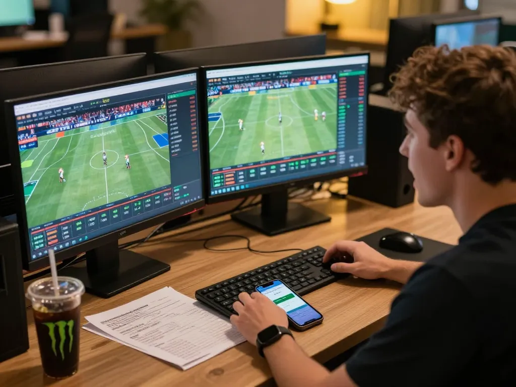 Betting excitement unfolds at smartcityhostels with a player analyzing sports odds online.