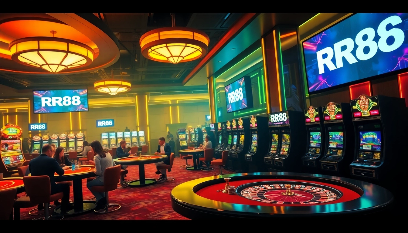 Exciting scene of gamblers enjoying diverse games at RR88 casino, with vibrant colors and luxurious atmosphere.