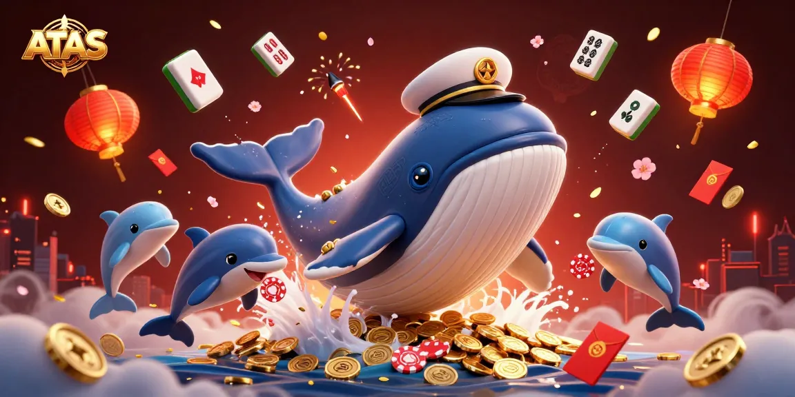 ATAS casino showcases a vibrant scene with a whale and dolphin amidst coins and festive elements in an exciting gaming environment.