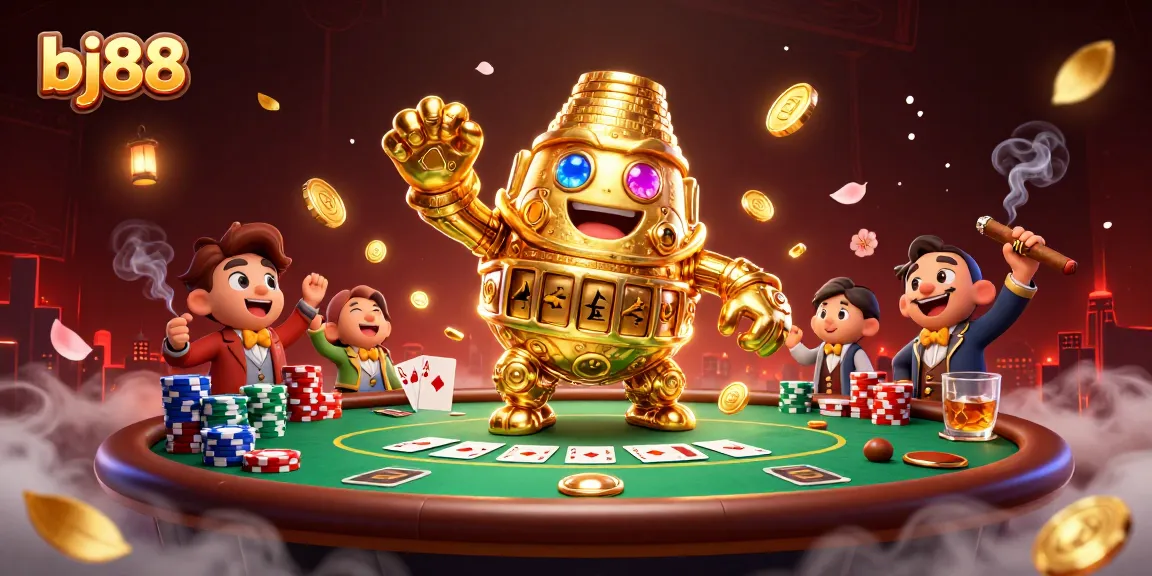 Engage with BJ88's thrilling casino action featuring a golden golem amidst exciting poker gameplay.
