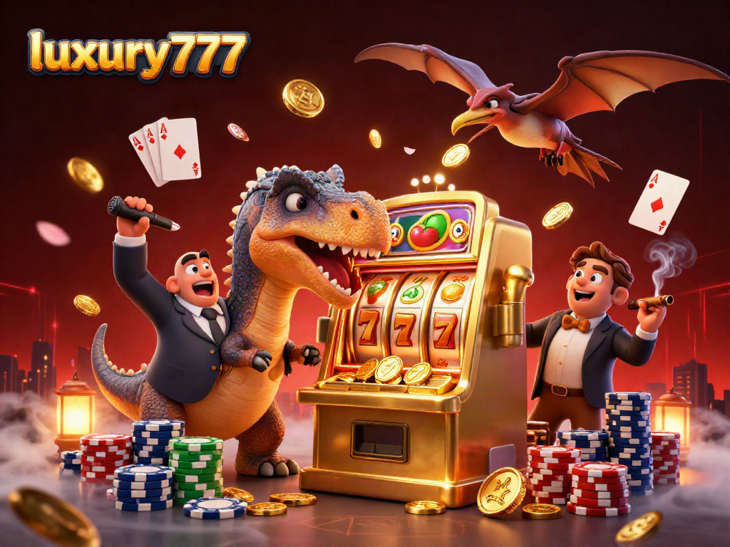 Slot jackpot luxury777 dengan dinosaurus dan manajer kasino yang panik, penuh koin emas diterbangkan.