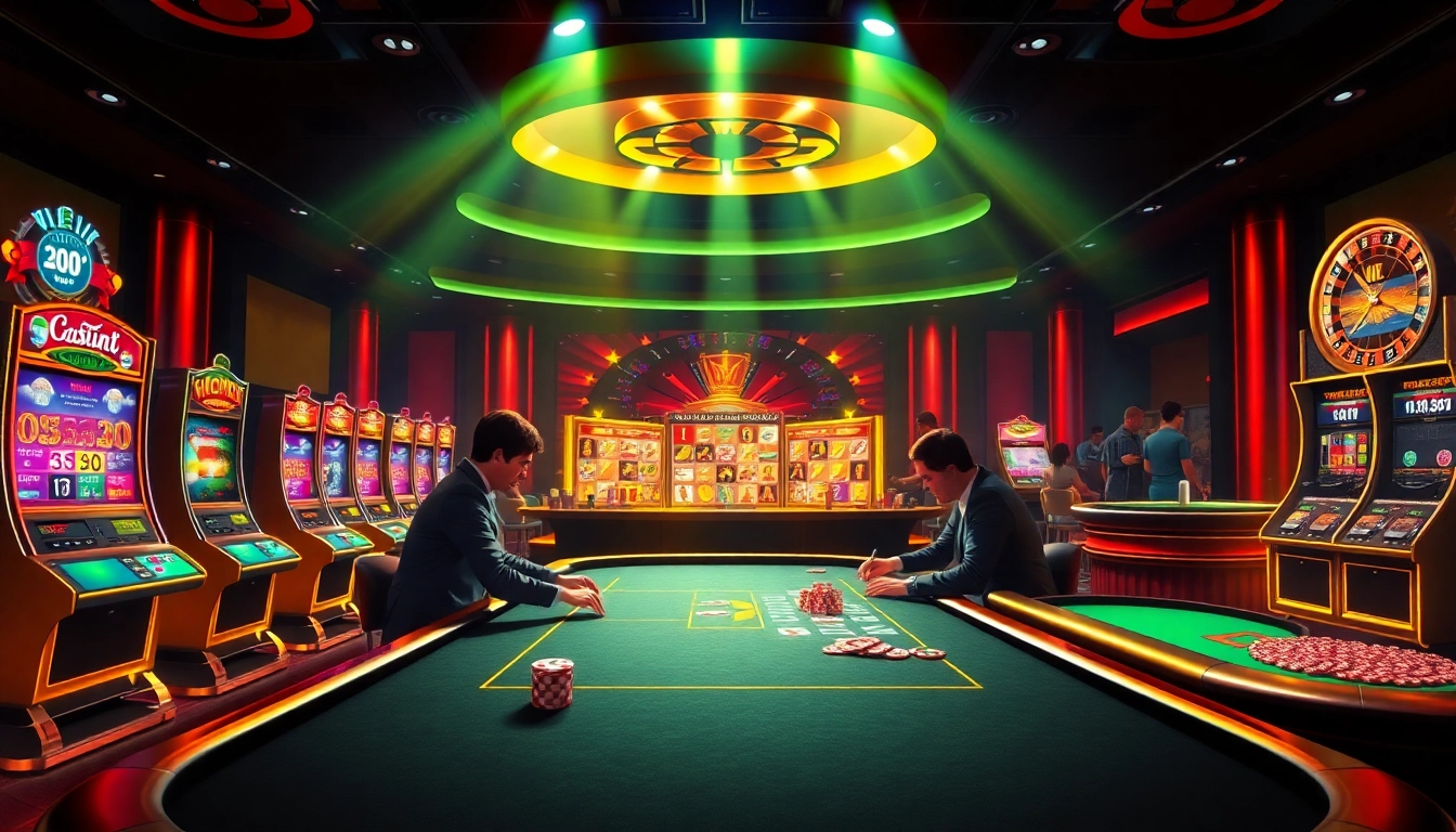 Nohu90 online casino scene with vibrant slot machines, poker tables, and dynamic gaming action.