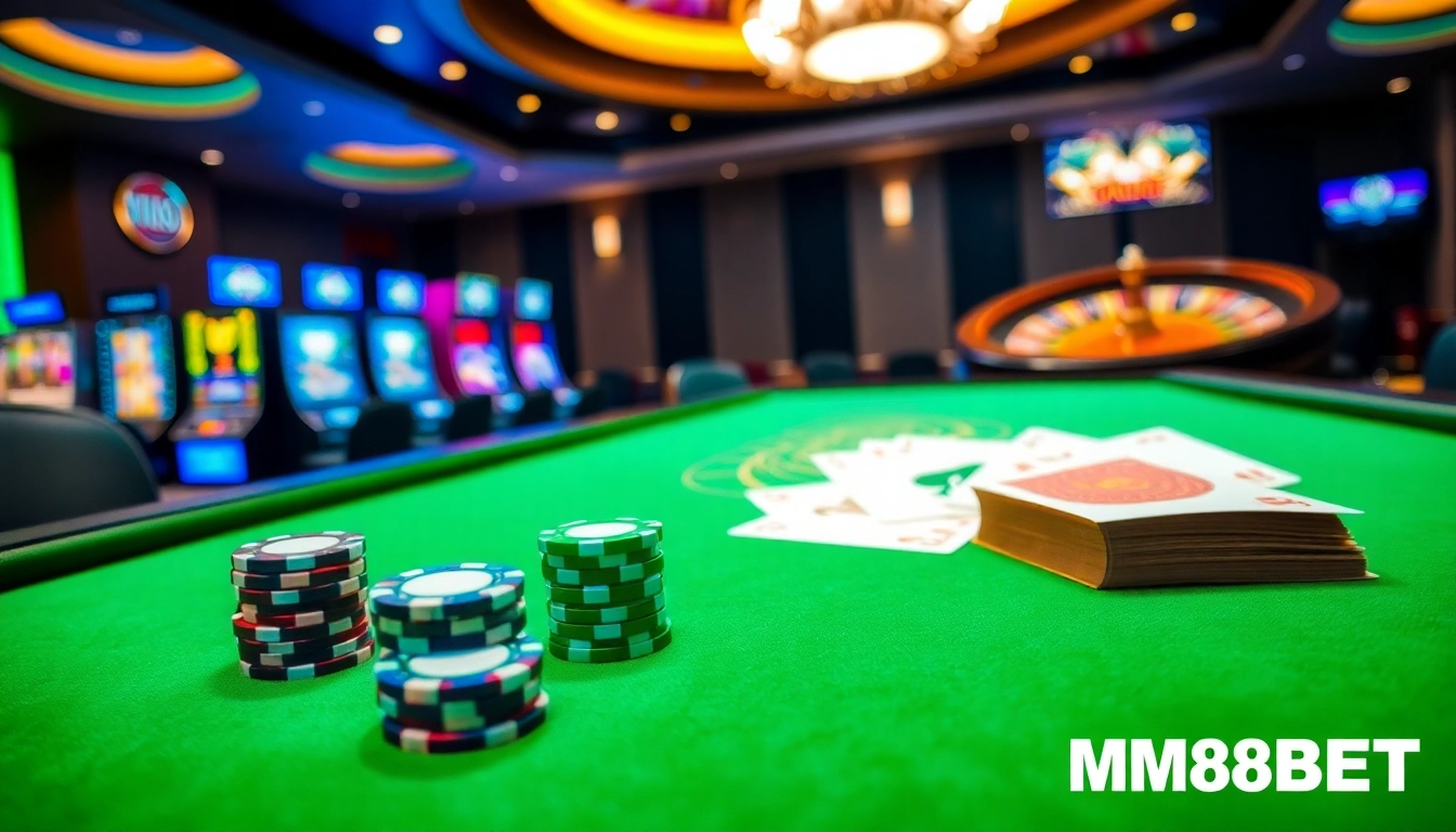 Experience the excitement of MM88BET with vibrant casino tables, poker chips, and cards.