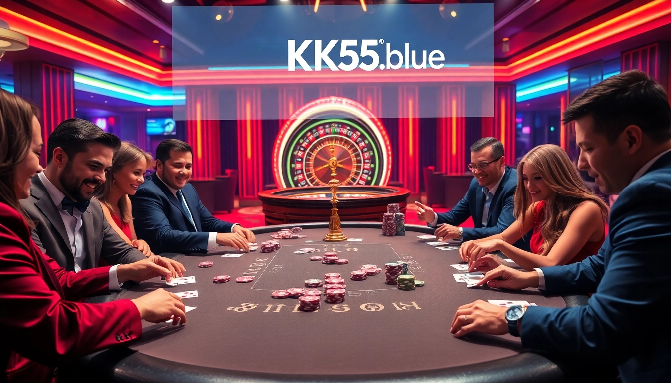Exciting poker game at KK55.blue casino with players engaged in high-stakes action.