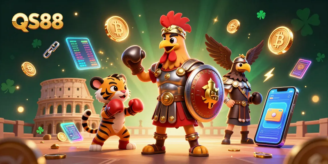 Experience thrilling gaming at QS88 with a dynamic illustration of a gladiator rooster amidst immersive casino elements.