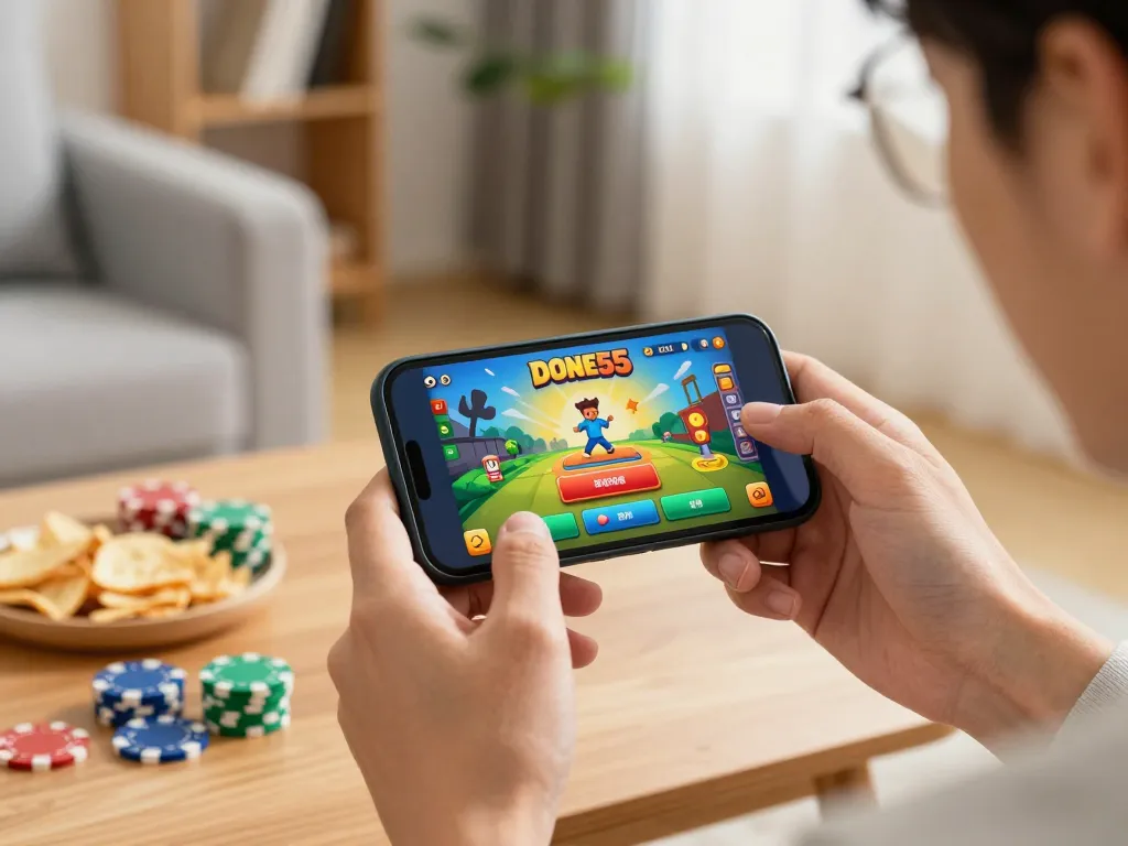 Engaging in the Done55 game on smartphone in a cozy living room, emphasizing mobile gaming.