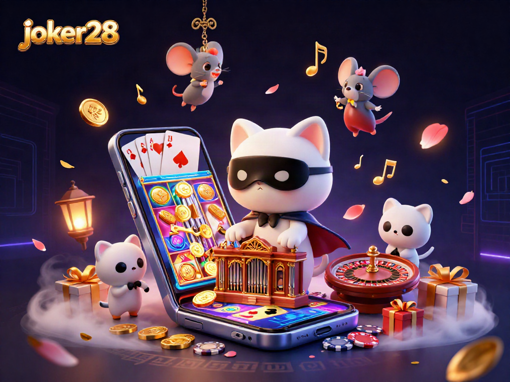 Engage with joker28's thrilling gameplay: A phantom cat and acrobat in a vibrant casino scene.