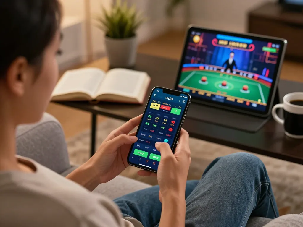 Engaging with betting options on the vn23 app while relaxing at home, showcasing mobile gaming.