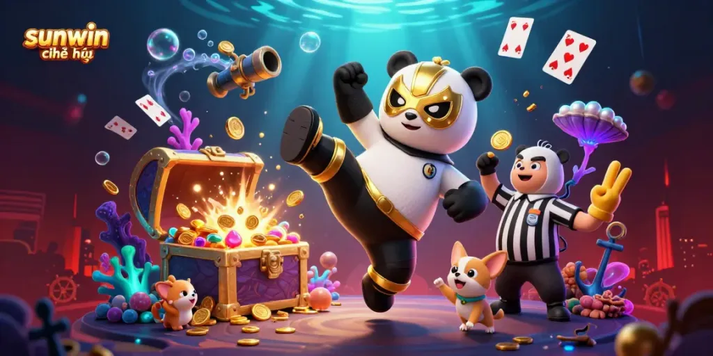 Experience thrilling action with sunwin chính thức featuring a dynamic panda wrestler and vibrant casino elements.