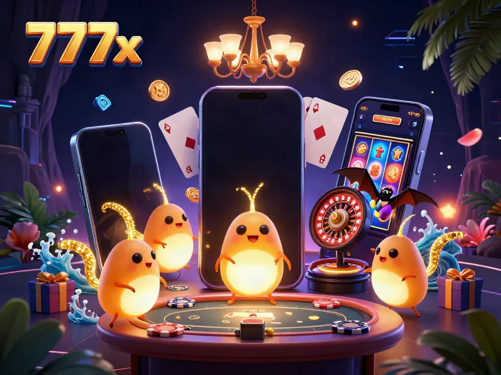 Engage with 777x casino excitement in a vibrant, glowing cave setting.
