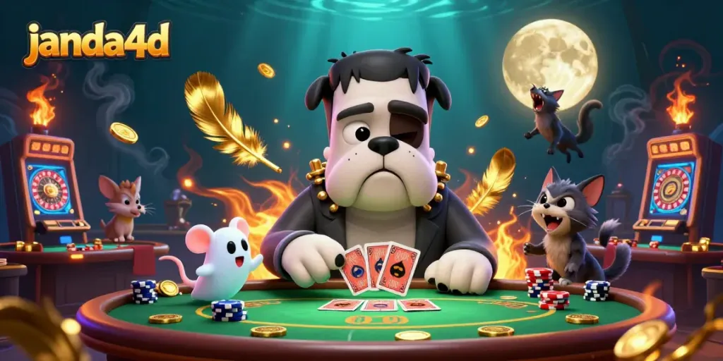 Gambarlah janda4d saat monster bulldog Frankenstein membagikan kartu di meja kasino yang cemerlang.