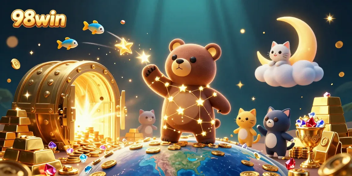 Engage in thrilling gameplay at 98win with a rich scene of cosmic elements and treasures symbolizing winning potential.