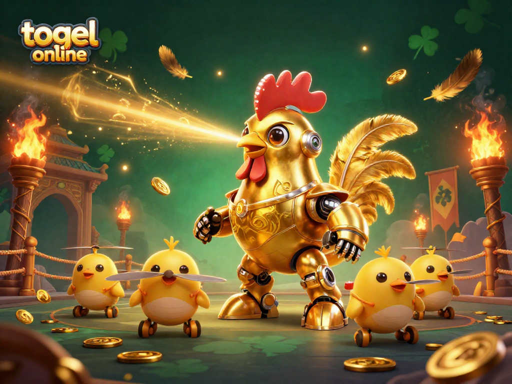 Engage in togel online excitement with a golden rooster robot and drone chicks in a vibrant 3D casino scene.