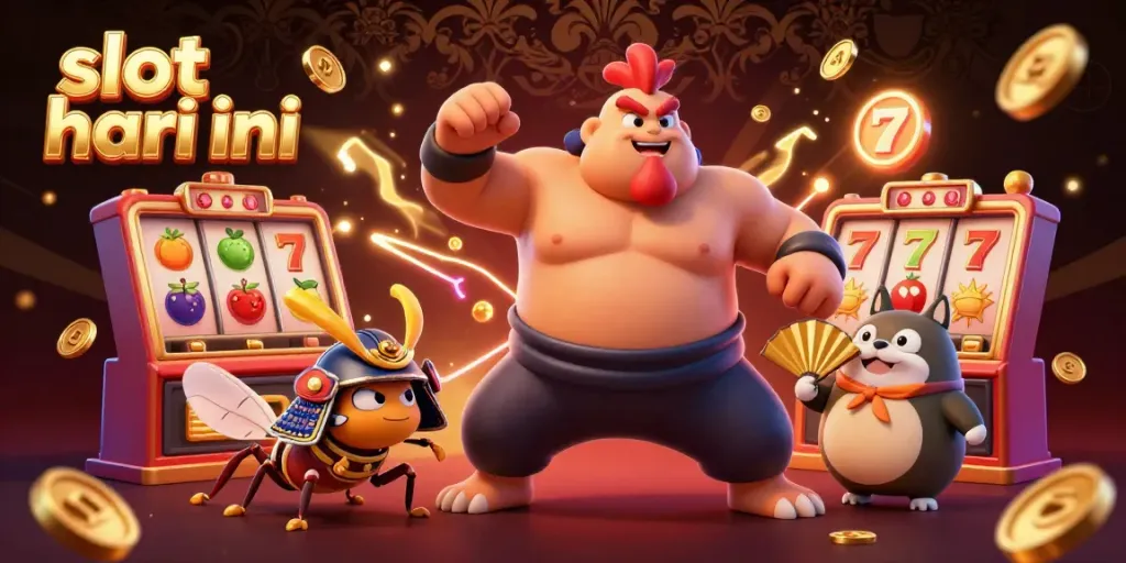 Slot hari ini menampilkan ilustrasi 3D menarik dari karakter sumo dan serangga, termasuk simbol permainan mendebarkan.