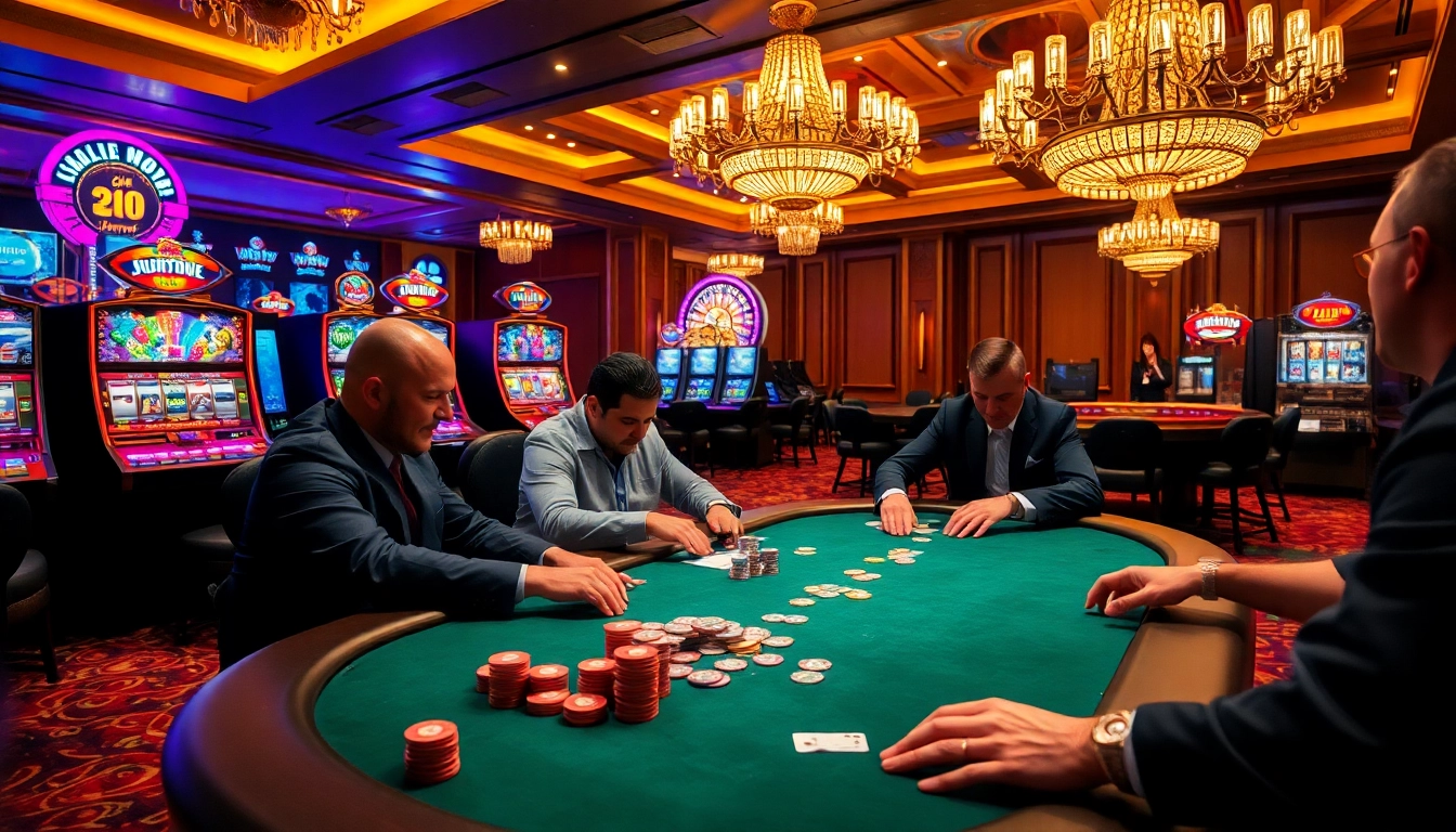 Gori77 players strategize at an elite poker table, surrounded by vibrant casino elements.