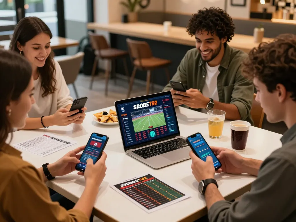 Pengguna yang terlibat menjelajahi pilihan taruhan sbobet92 di perangkat mobile di sebuah kafe santai.