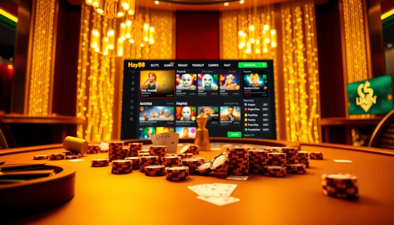 Experience the excitement of Hay88 with a vibrant casino scene featuring poker chips and roulette tables.