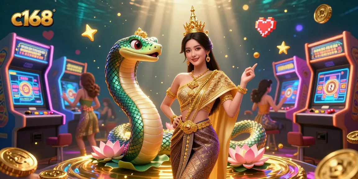 C168 casino scene showcasing a Thai dancer and Naga serpent amidst vibrant gaming elements, emphasizing engaging gameplay.