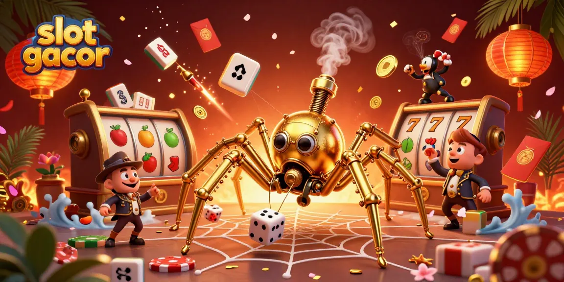 Engaging slot gacor scene featuring a golden spider, dice, and vibrant gaming elements.