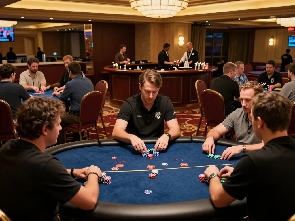 Engaged players at net88's lively poker tables enjoying an exciting casino atmosphere