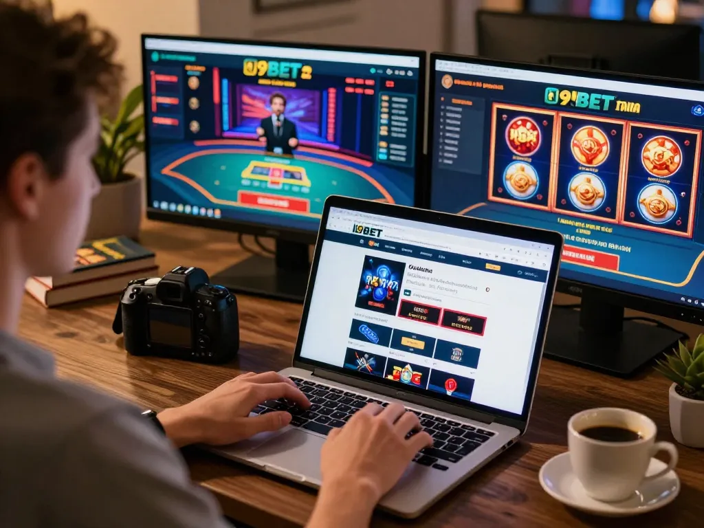 I9BET player engaged in online casino gaming, showing strategic gameplay on laptop and dual screens.