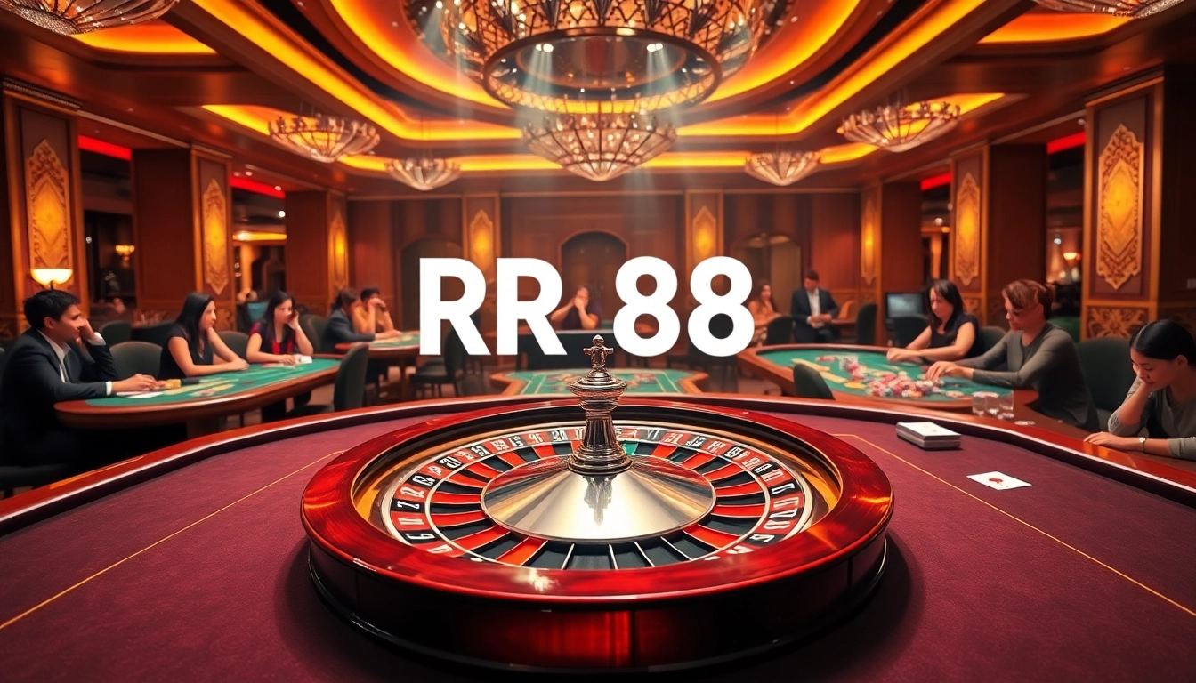 Exciting players enjoying games at RR 88's luxurious casino environment with poker tables and roulette wheels.