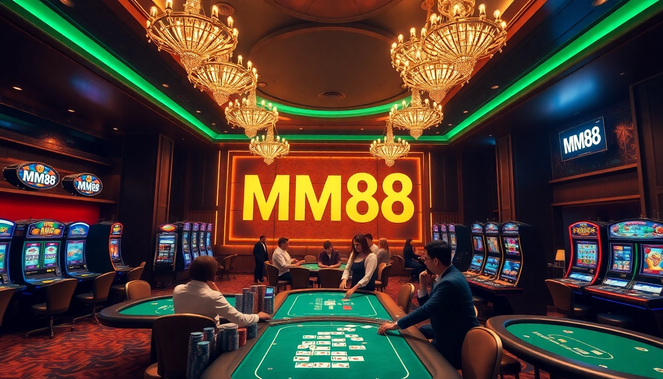 Gamble and win at MM88 with vibrant casino tables and slot machines showcasing excitement.