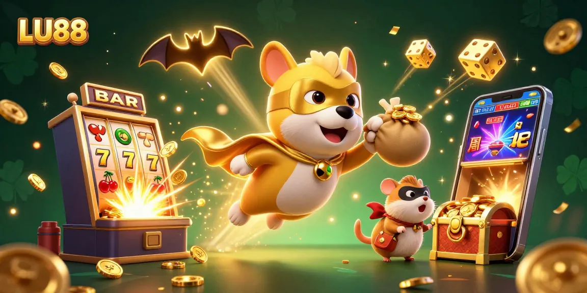 LU88 showcases a cartoon superhero dog flying with coins amid exploding slot machines, emphasizing casino excitement.
