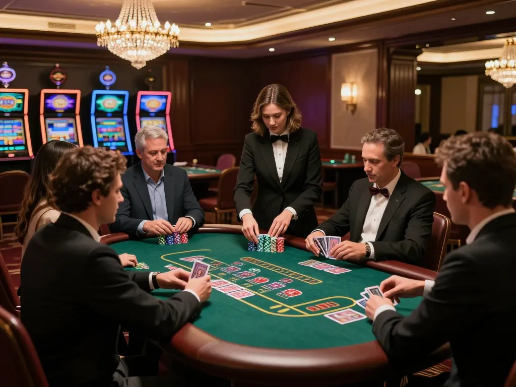 Sunwin players engaging in a strategic blackjack game at a luxurious casino table.