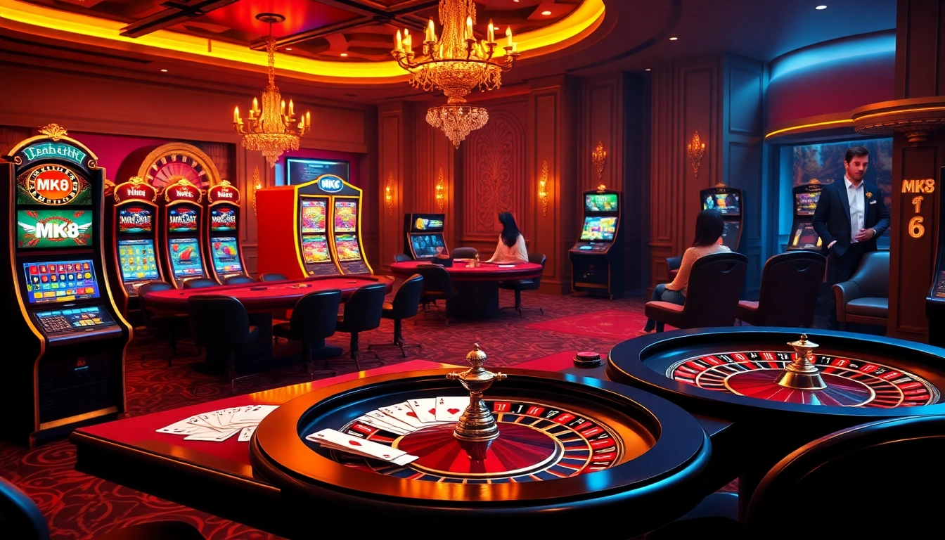 Players enjoying thrilling gameplay at an MK8 online casino with vibrant slot machines and roulette tables.