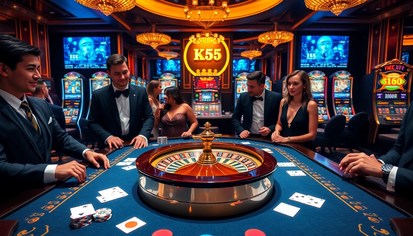 Players enjoying a game at KK55 casino, showcasing vibrant poker chips and a roulette wheel.