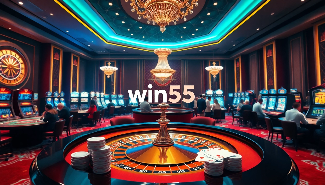 Experience the excitement of win55 while playing vibrant casino games at a luxurious gaming table.