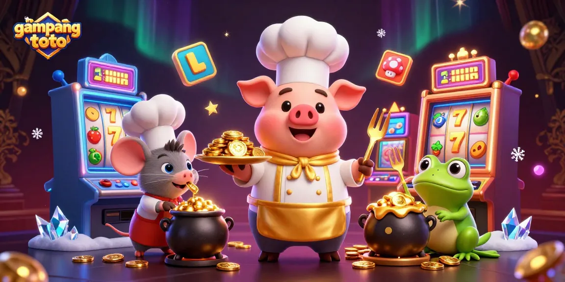Experience the thrill of gampangtoto with vibrant slot machines and playful characters in this lively casino scene.