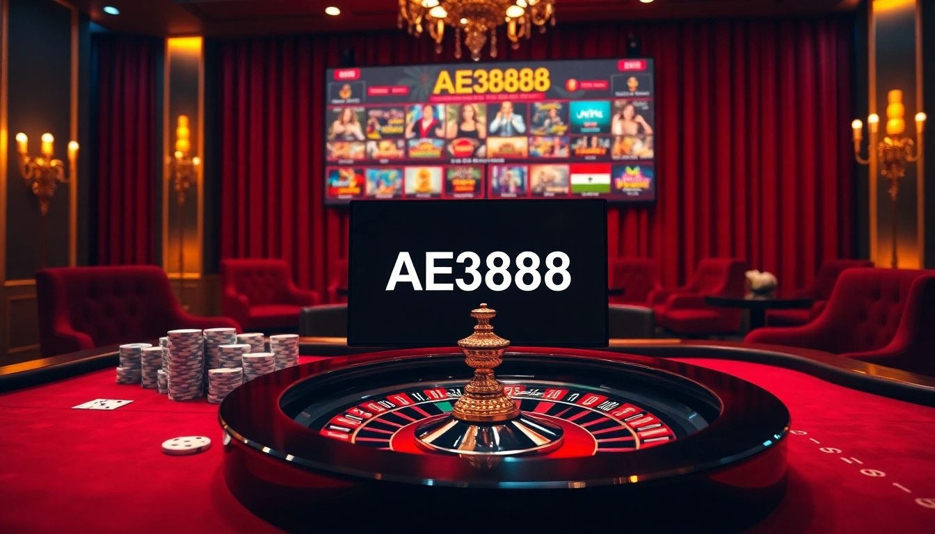 Experience the thrill of AE3888 with vibrant casino elements like poker chips and roulette.