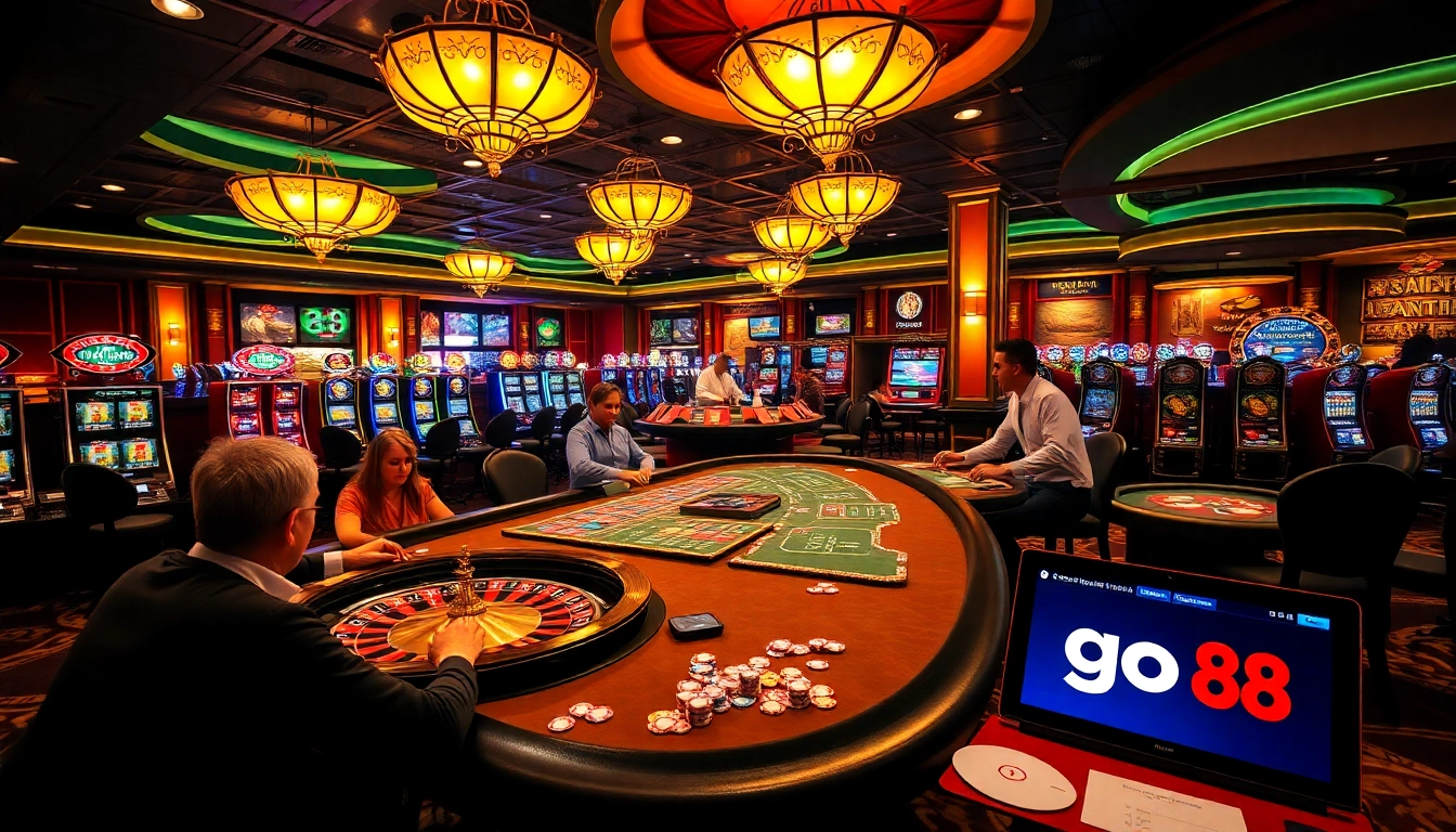 Go88 players enjoying a thrilling night at a luxurious casino with vibrant gaming tables.