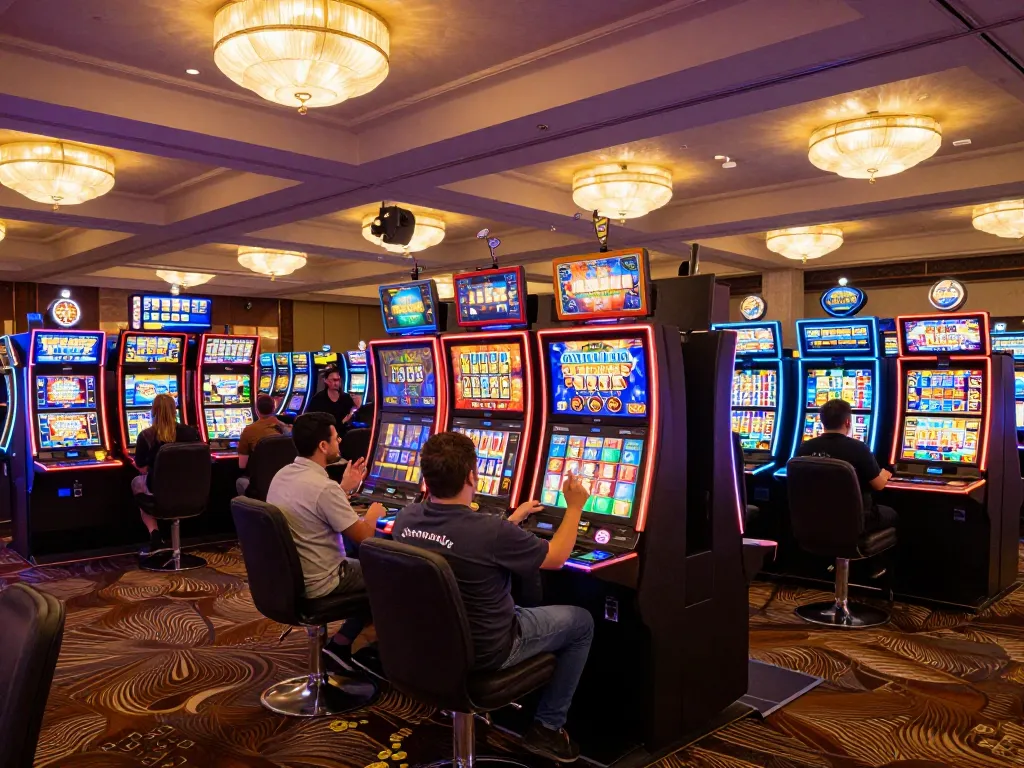 Players engaged with colorful Pragmatic Slot machines in a vibrant casino atmosphere, showcasing excitement and strategy.