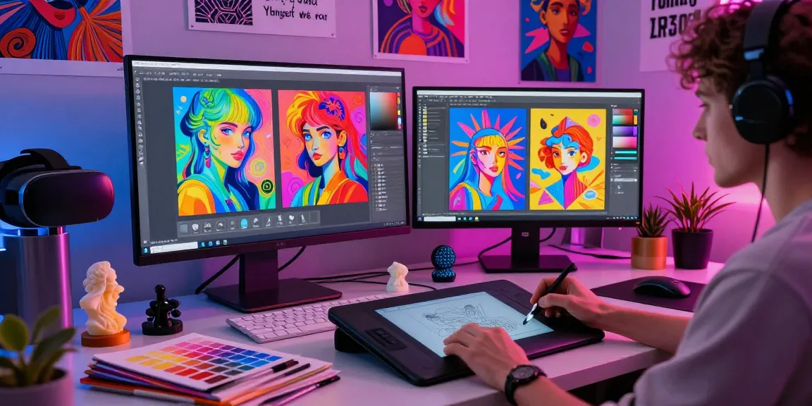 Creating NSFW AI art in a vibrant digital studio with tools and creativity