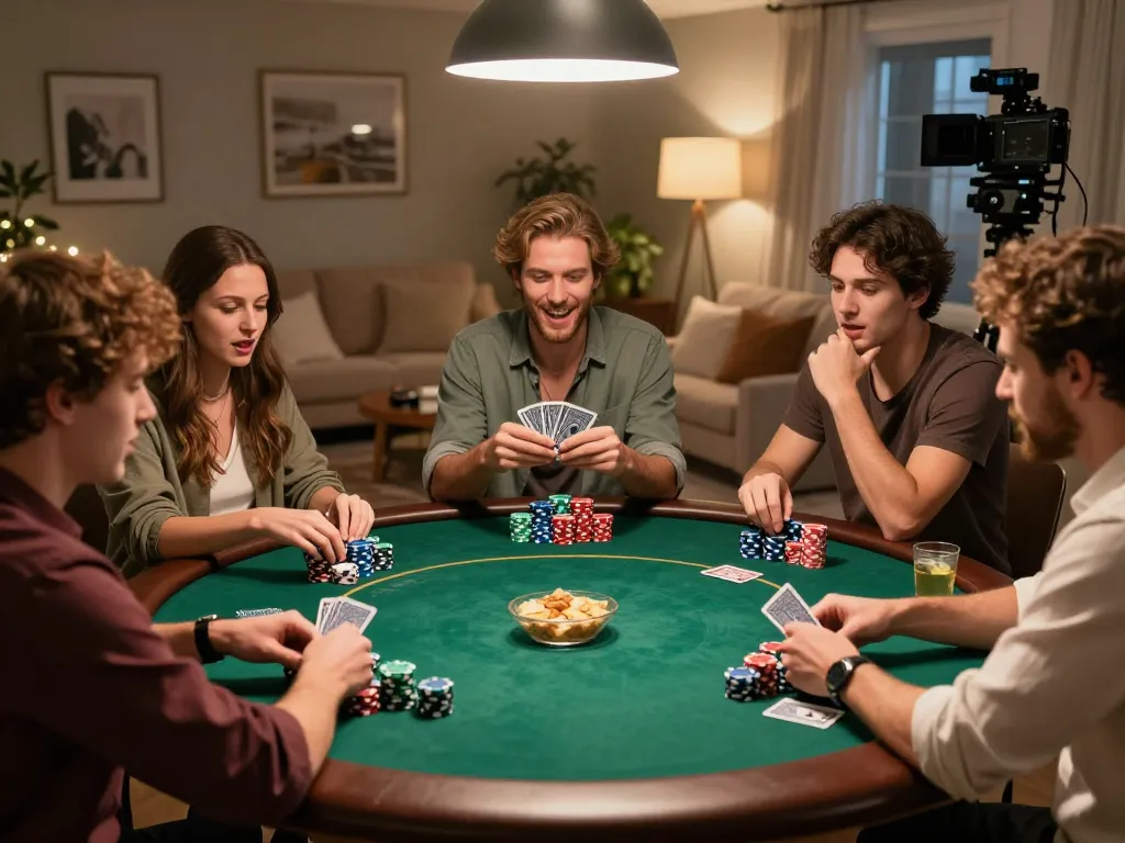 Players share an exciting poker moment at home, showcasing 32win strategies for lively gaming.