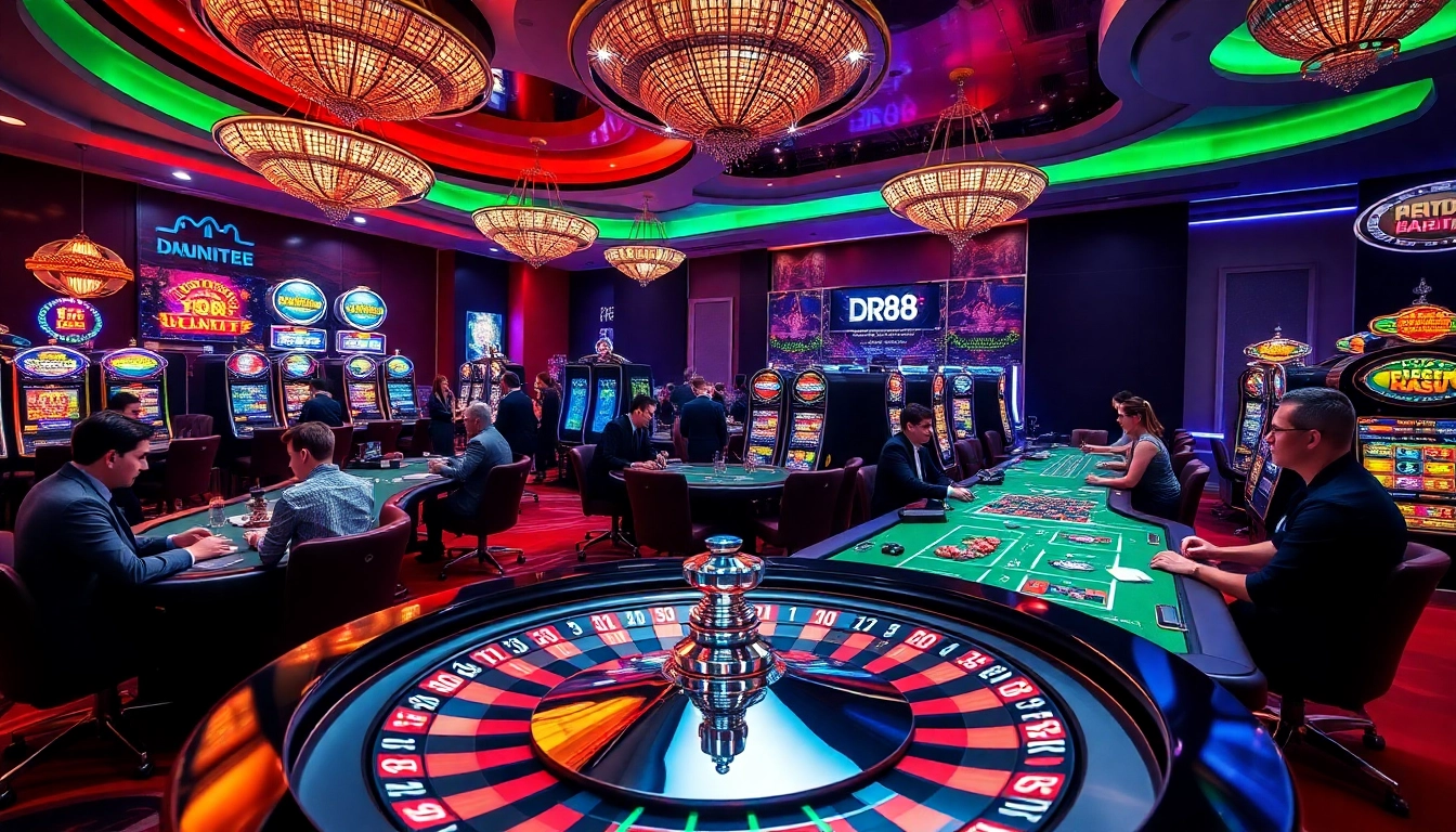 Gamblers enjoying a luxury atmosphere at the DR88 casino with roulette and poker.