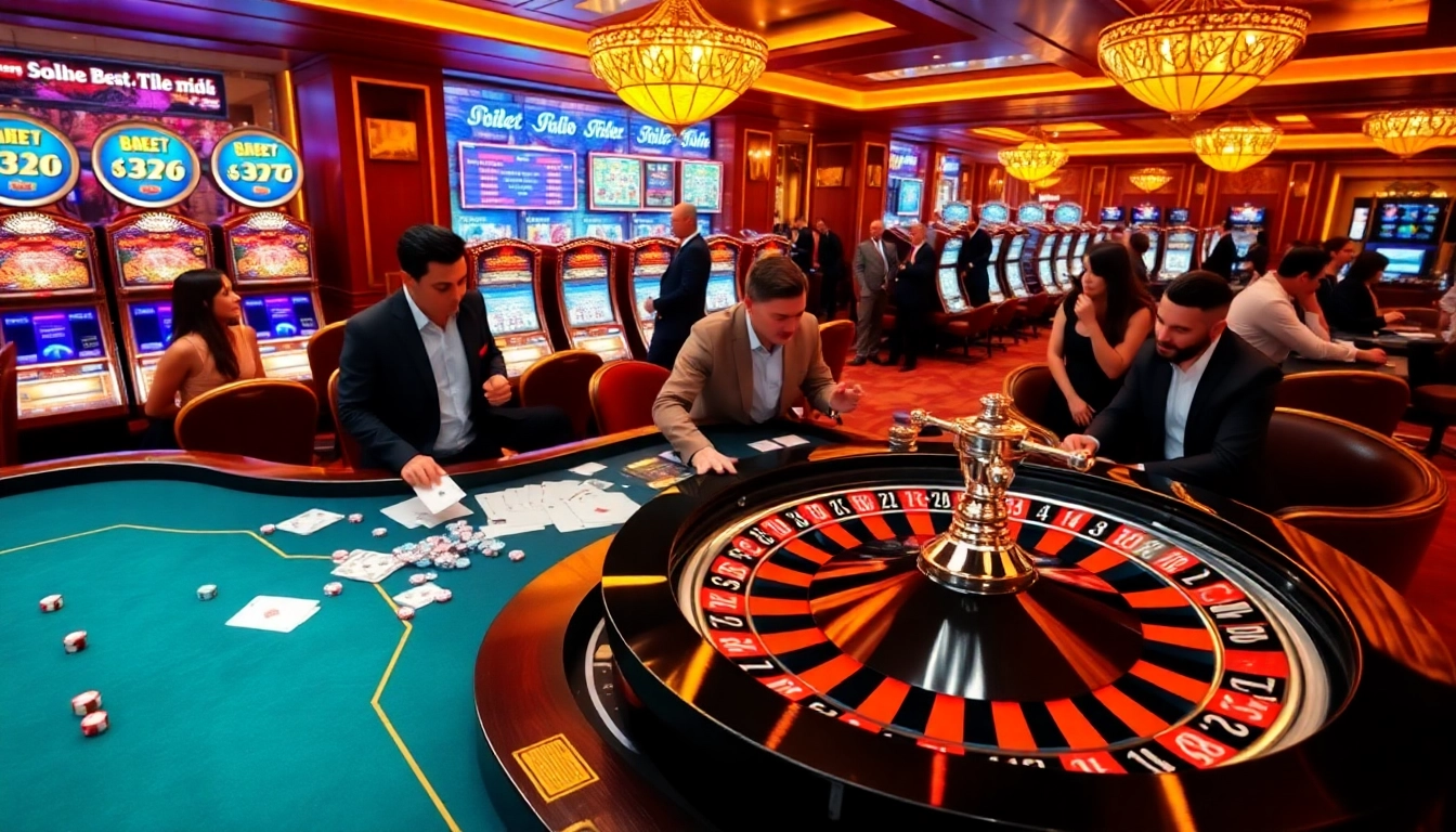 Players enjoying a thrilling gambling experience at Soibet's luxurious casino, featuring slot machines and poker tables.