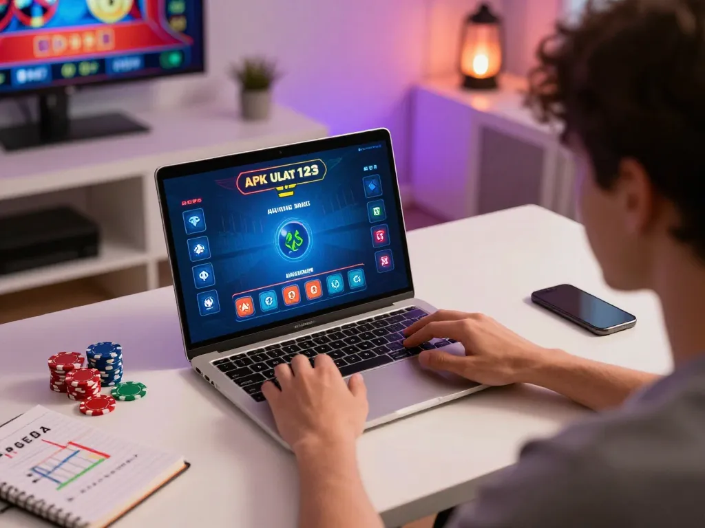 Bergabung dalam permainan APK Ulat123 di laptop, menampilkan pengaturan permainan kasino di rumah.