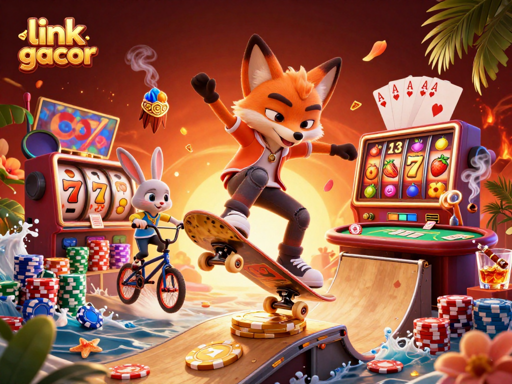 Spin the reels and win with link slot gacor as a skateboarder fox performs tricks amidst vibrant casino elements.