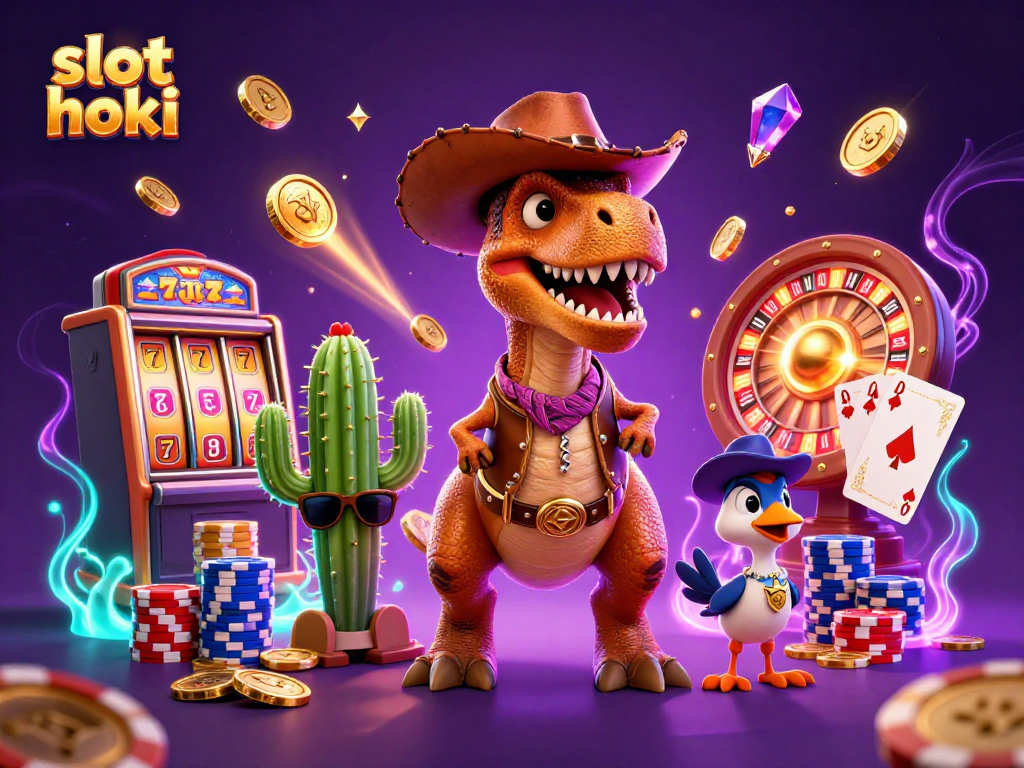 Experience slot hoki action with a vibrant scene featuring a cowboy dinosaur, cactus, and roadrunner in a casino setting.