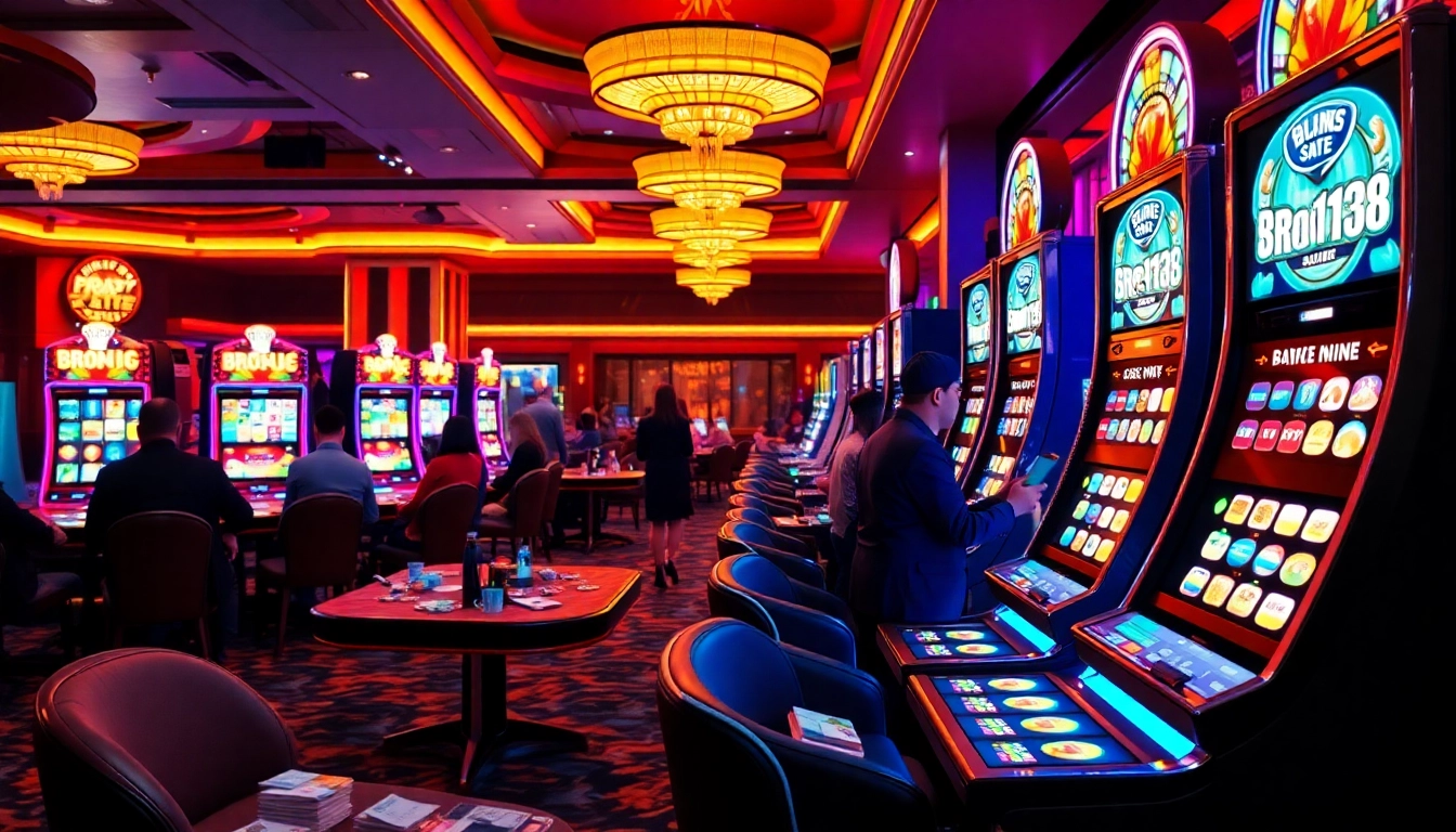 Experience the thrill of Bro138 with engaged players at vibrant slot machines in a luxury casino setting.