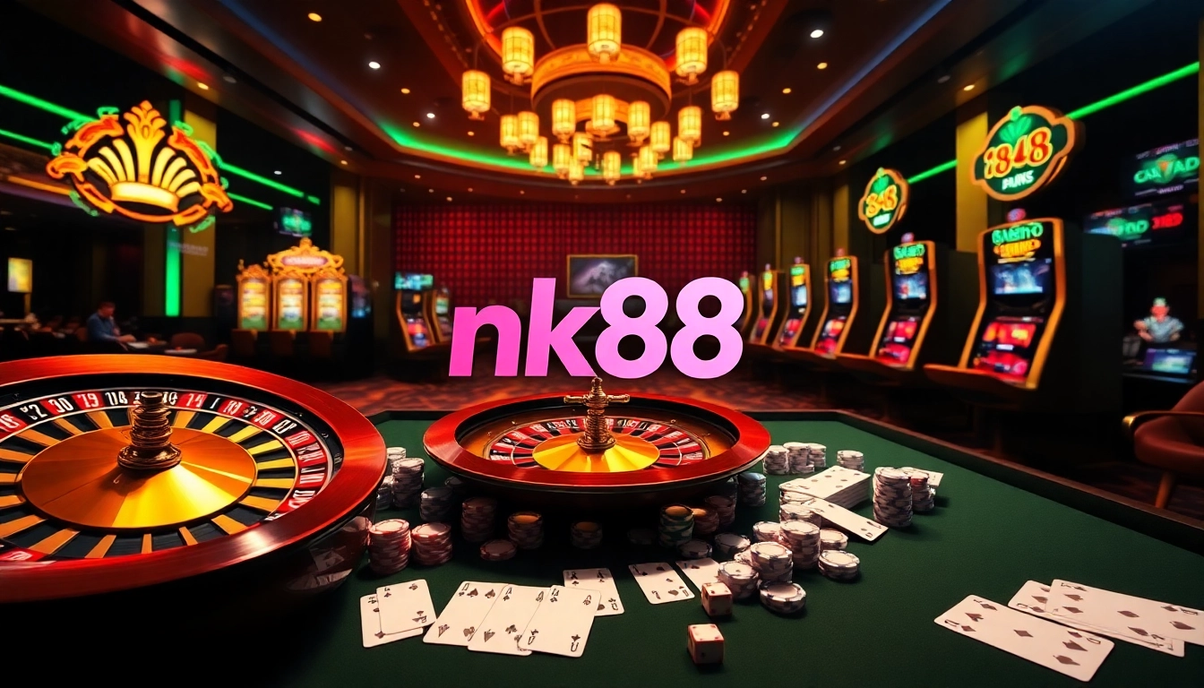 Experience thrilling bets at NK88's modern casino gaming table with vibrant chips and cards.