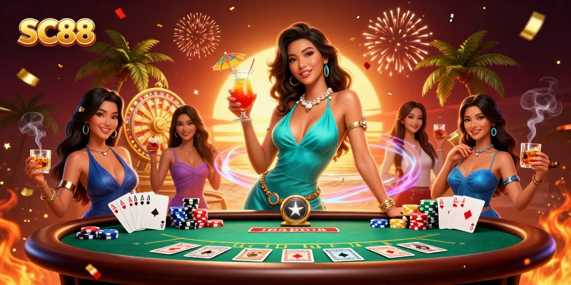 Engage with SC88 poker action amidst vibrant casino atmosphere and festive elements.